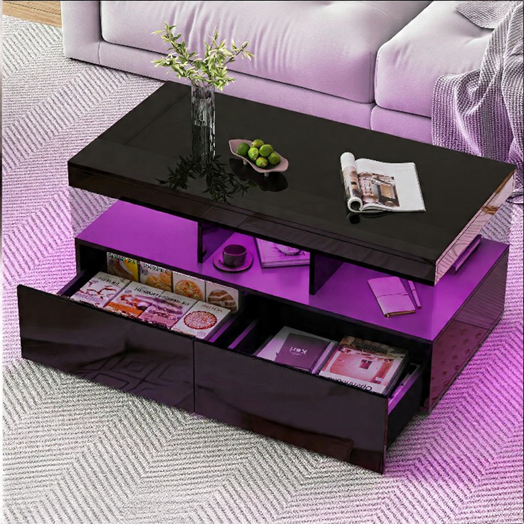 Salontafel met LED-verlichting - Kunstleren Afwerking, 2 Laden, 104 × 53 × 46 cm