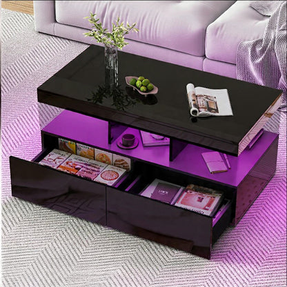 Salontafel met LED-verlichting - Kunstleren Afwerking, 2 Laden, 104 × 53 × 46 cm