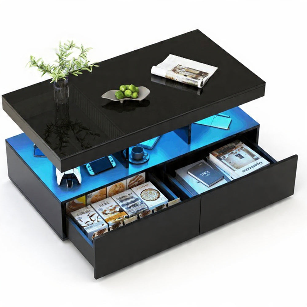 Houten Salontafel - Verstelbare LED-verlichting, 2 Laden, 104 × 53 × 46 cm