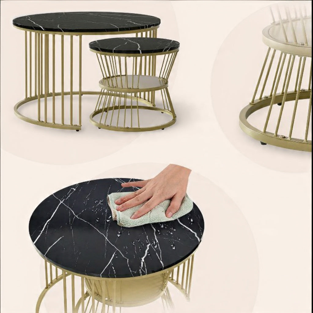 Ronde Salontafel Set - 2 Stuks - Zwart & Wit Marmerlook, Metalen Frame