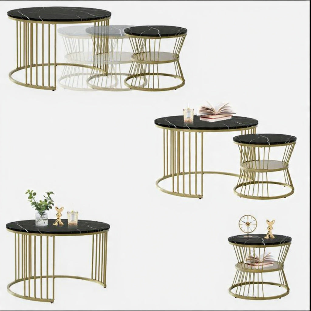 Ronde Salontafel Set - 2 Stuks - Zwart & Wit Marmerlook, Metalen Frame