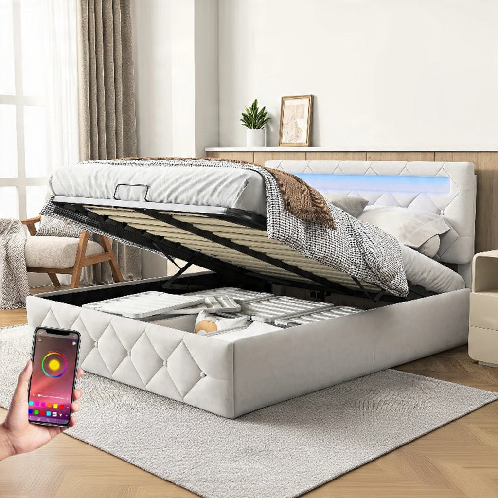 Gestoffeerd Bedframe met LED-verlichting & Hydraulische Opbergruimte - 140 × 200 cm