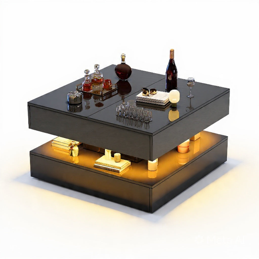 Hoogglans Salontafel - RGB LED-verlichting, 2 Laden, 53 × 53 × 30 cm, Wit/Zwart