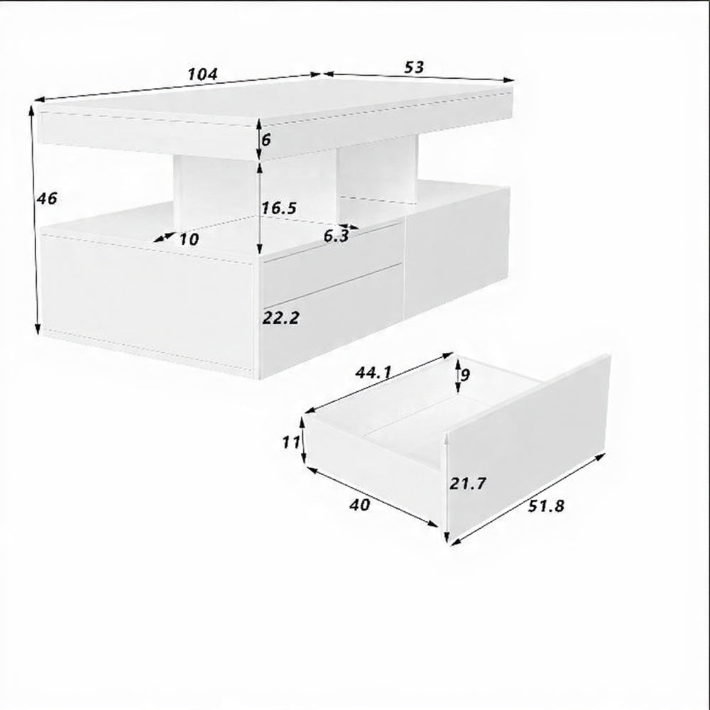 Salontafel met LED-verlichting - Kunstleren Afwerking, 2 Laden, 104 × 53 × 46 cm