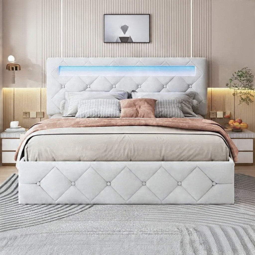 Gestoffeerd Bedframe met LED-verlichting & Hydraulische Opbergruimte - 140 × 200 cm